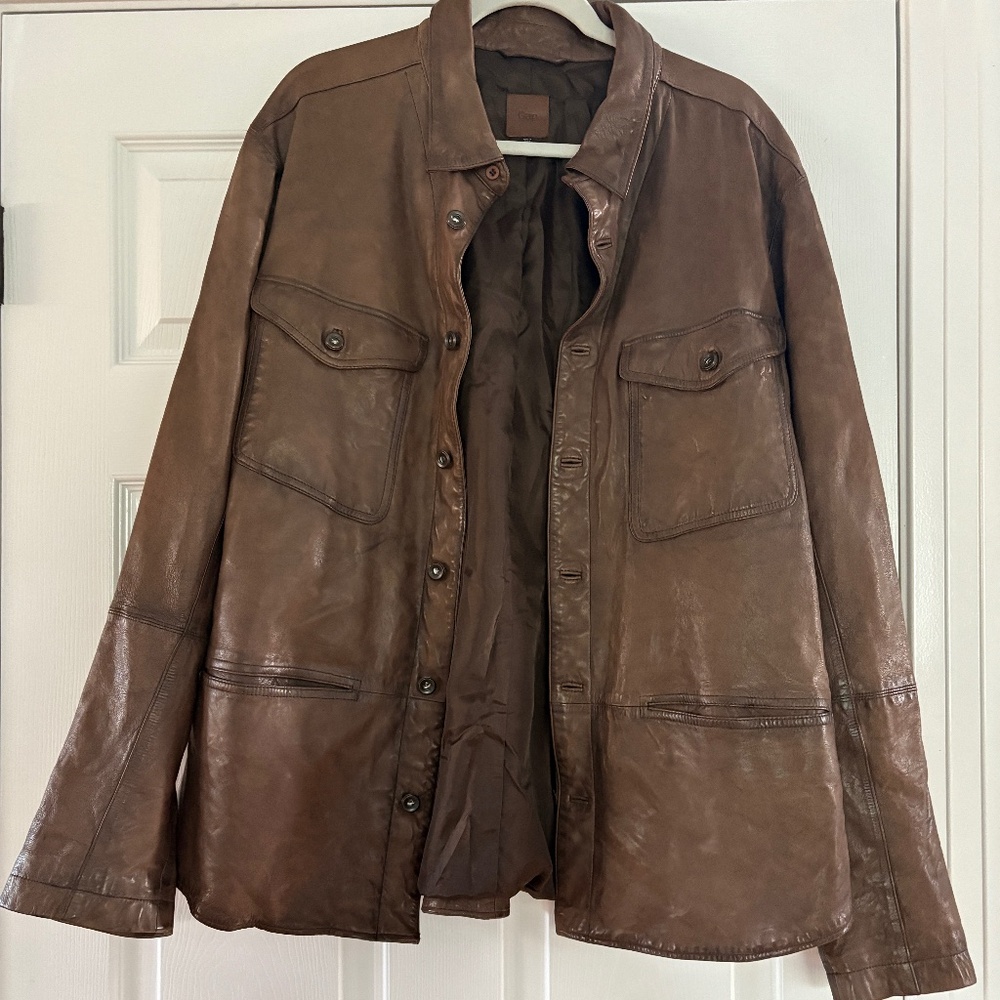 GAP LEATHER BOYFRIEND SHIRT JACKET SHACKET BROWN XXL